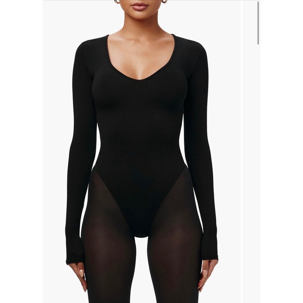 NAKED WARDROBE NW Deep V Black Long Sleeve Thong Bodysuit Size M